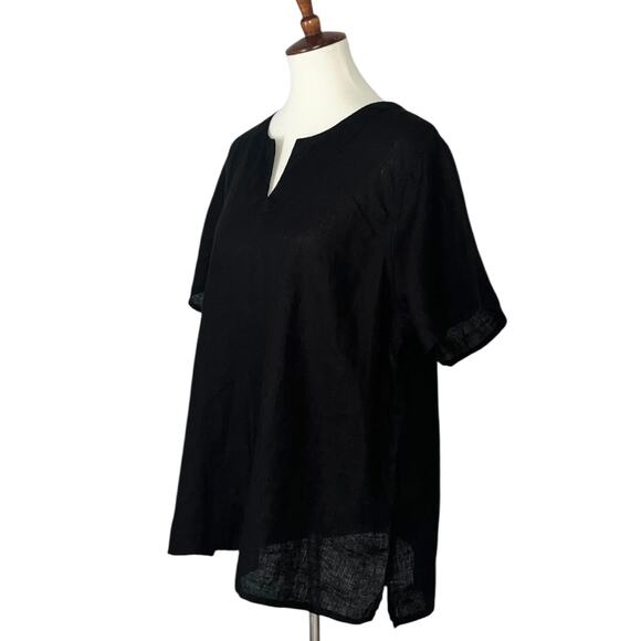 Flax Lagenlook Short Sleeve Split Neck 100% Linen Top Black Size Medium - Picture 2 of 5